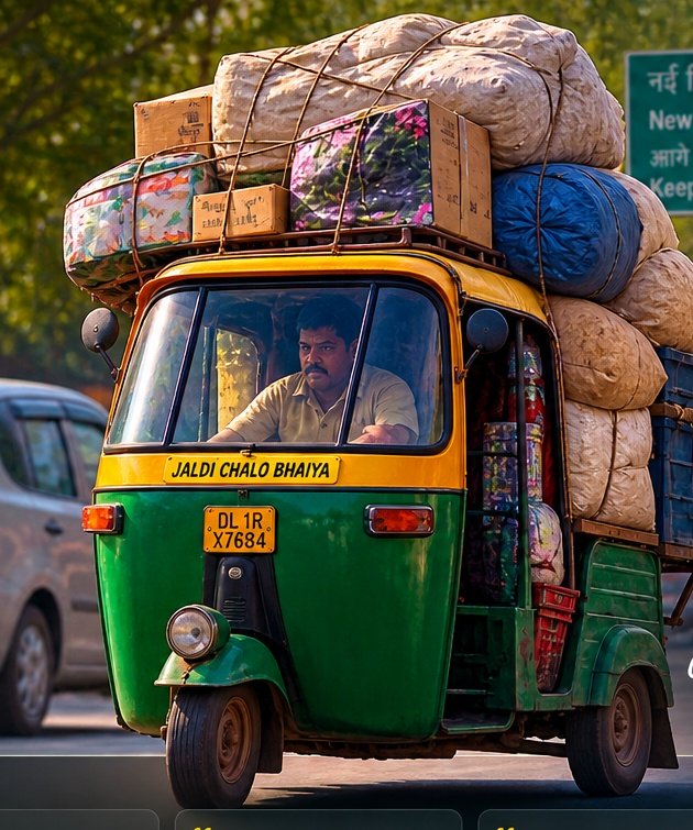 Loaded green Indian auto rickshaw